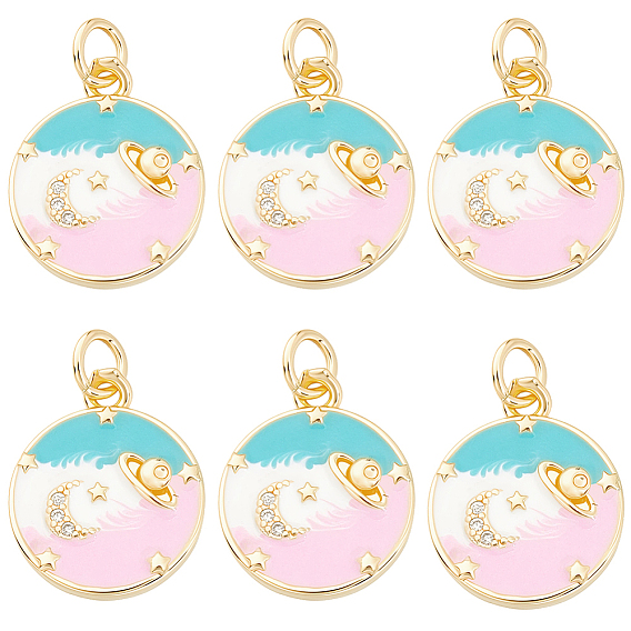 6Pcs Rack Plating Brass Pendants, with Cubic Zirconia and Enamel, Saturn Charms, Long-Lasting Plated, Lead Free & Cadmium Free, with Jump Ring