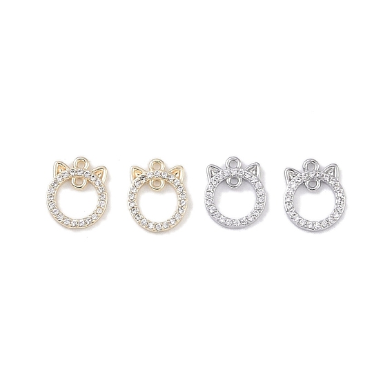 Brass Micro Pave Clear Cubic Zirconia Connector Charms, Hollow Cat Links