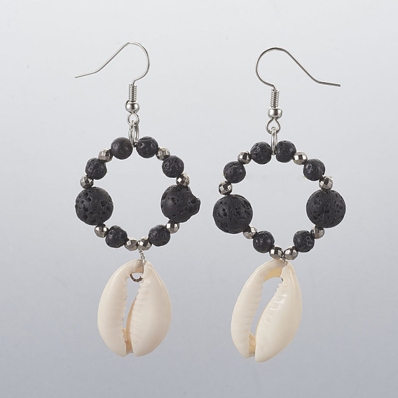 Cowrie Shell Dangle Earrings, with Electroplate Non-magnetic Hematite Beads, Lava Rock Round Beads and 304 Stainless Steel Earring Hooks