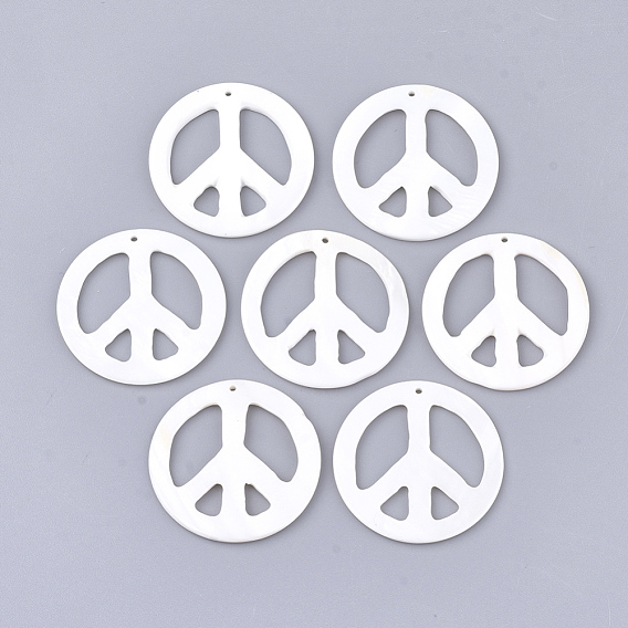 Freshwater Shell Pendants, Flat Round with Peace Sign
