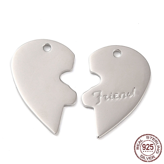 925 Sterling Silver Pendants, Half Heart with Word Friend Charm, for BFF Jewelry Making