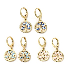 Tree with Evil Eye Real 18K Gold Plated Brass Dangle Leverback Earrings, with Enamel