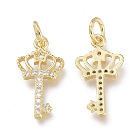 Brass Micro Pave Clear Cubic Zirconia Charms, with Jump Rings, Long-Lasting Plated, Key