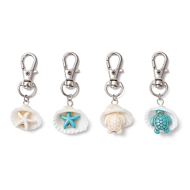 Synthetic Turquoise Starfish Turtle & Shell Pendant Decorations, Swivel Lobster Claw Clasps Charms for Bag Ornaments