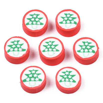 Handmade Polymer Clay Beads, Flat Round with Christmas Tree