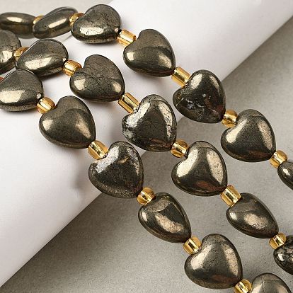 Natural Pyrite Beads Strands, with Seed Beads, Heart, Top Drilled