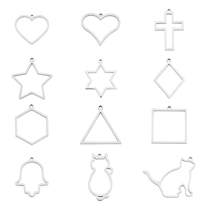 304 Stainless Steel Open Back Bezel Pendants, For DIY UV Resin, Epoxy Resin, Pressed Flower Jewelry, Mixed Shapes