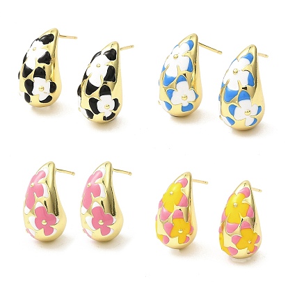 Серьги-гвоздики из латуни с эмалью в форме капли и цветком из настоящей позолоченной латуни, долговечный, без свинца и без кадмия