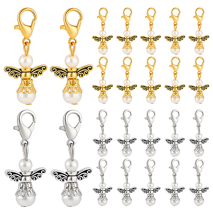 40 шт. 2 цветные стеклянные перламутровые и сплавные подвесные украшения в виде ангела, Сплав с застежками когтя омара