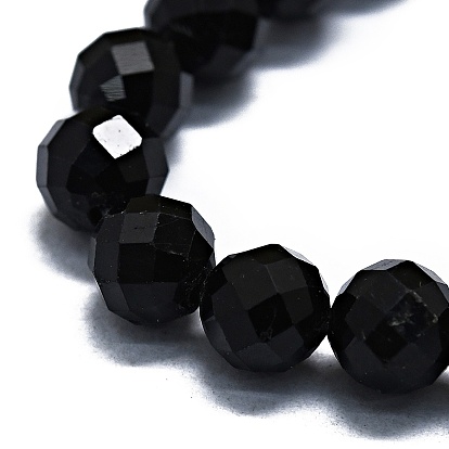 Natural Black Tourmaline Beads Strands, Faceted(64 Facets), Round