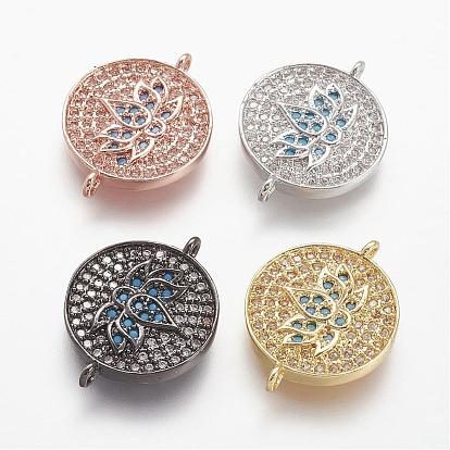 Brass Micro Pave Cubic Zirconia Links, Flat Round with Lotus