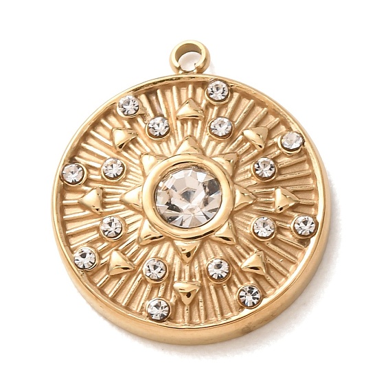 304 Stainless Steel Crystal Rhinestone Pendants, Flat Round with Sun Charms