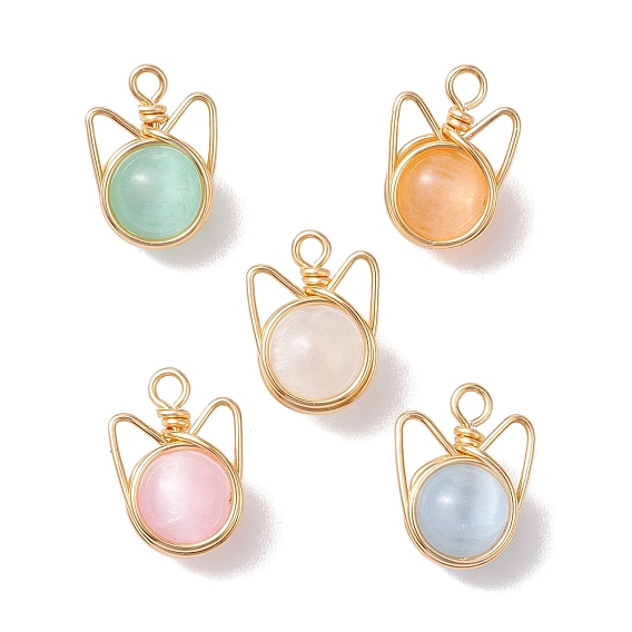 Подвески из натурального селенита с круглыми бусинами, подвески в виде головы котенка с кошачьими ушками из медной проволоки, золотые