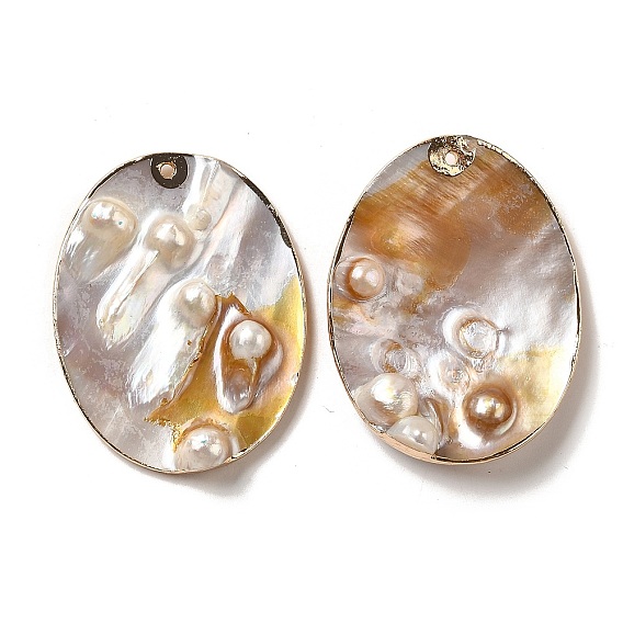 Гальванические большие подвески из натуральной белой ракушки, с позолоченным латунным краем, овальные амулеты