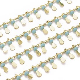 Handmade Glass Beaded Chains, with Real 18K Gold Plated Brass Side Twisted Chains Curb Chains, with Spool, Long-Lasting Plated, Soldered