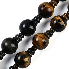 Natural Yellow Tiger Eye & Dyed Blue Tiger Eye 3-Hole Guru Beads Strands, for Buddhist Jewelry Making, T-Drilled Beads, Gourd