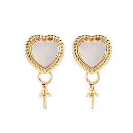 Rack Plating Brass Stud Earring Findings, with Shell, 925 Sterling Silver Pins and Cup Peg Bails, for Half Drilled Bead, Nickel Free, Heart