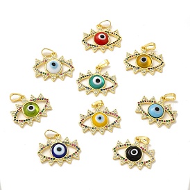 Rack Plating Brass Micro Pave Colorful Cubic Zirconia Pendants, with Handmade Evil Eye Lampwork, Cadmium Free & Lead Free, Long-Lasting Real 18K Gold Plated, Eye Charm