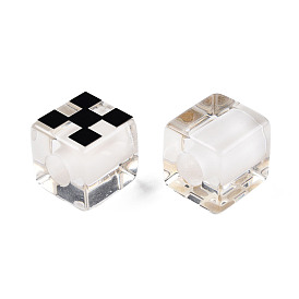 Résine transparente perles européennes, Perles avec un grand trou   , cube avec motif tartan