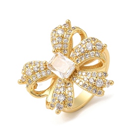 Bowknot Brass Micro Pave Clear Cubic Zirconia Finger Rings, for Women, Lead Free & Cadmium Free