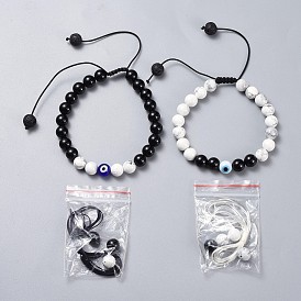 Adjustable Nylon Thread Braided Bead Bracelets Sets, with Handmade Lampwork Evil Eye Beads, Natural Gemstone Beads and PVC Tubular Rubber Cord