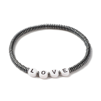 Bracelet extensible en perles heishi en hématite synthétique avec mot amour, bijoux en pierres précieuses pour femmes