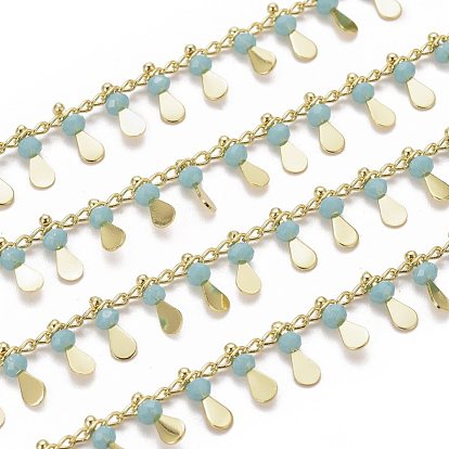 Handmade Glass Beaded Chains, with Real 18K Gold Plated Brass Side Twisted Chains Curb Chains, with Spool, Long-Lasting Plated, Soldered