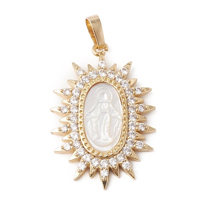 Eco-Friendly Rack Plating Brass Micro Pave Cubic Zirconia Pendants, with Natural White Shell, Long-Lasting Plated, Lead Free & Cadmium Free, Oval with Virgin Mary