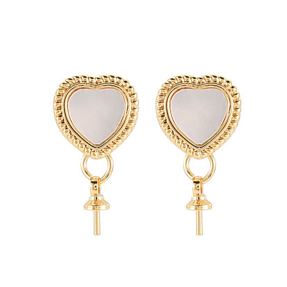 Rack Plating Brass Stud Earring Findings, with Shell, 925 Sterling Silver Pins and Cup Peg Bails, for Half Drilled Bead, Nickel Free, Heart