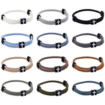 12шт 12 цвета плетеные веревки полиэстер шнур браслеты, спортивные крутые регулируемые браслеты для мужчин и женщин, крестик, с бусинами сплава