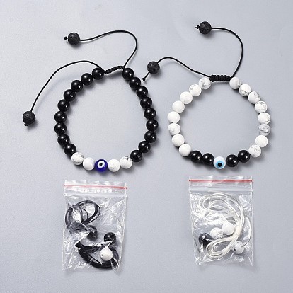 Adjustable Nylon Thread Braided Bead Bracelets Sets, with Handmade Lampwork Evil Eye Beads, Natural Gemstone Beads and PVC Tubular Rubber Cord