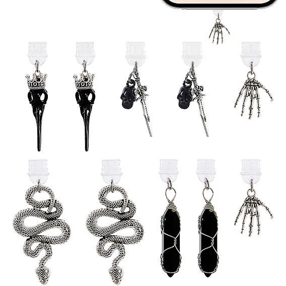 10шт 5 стиль пластиковые мобильные пылезащитные заглушки, с подвесками из сплава и натурального черного кварца, разнообразные