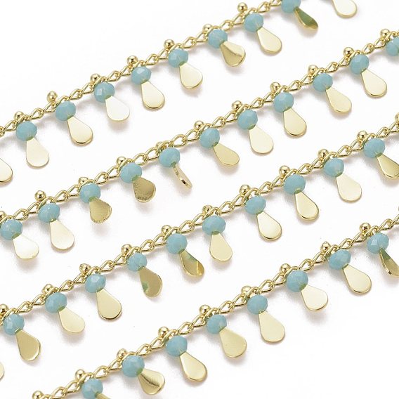 Handmade Glass Beaded Chains, with Real 18K Gold Plated Brass Side Twisted Chains Curb Chains, with Spool, Long-Lasting Plated, Soldered