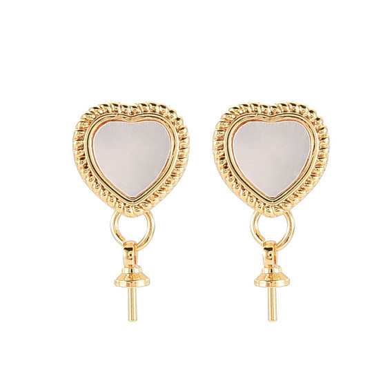 Rack Plating Brass Stud Earring Findings, with Shell, 925 Sterling Silver Pins and Cup Peg Bails, for Half Drilled Bead, Nickel Free, Heart