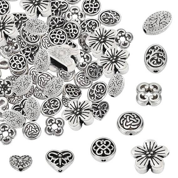 80Pcs 8 Styles Alloy Beads & Charms, Flower & Heart & Flat Round & Oval