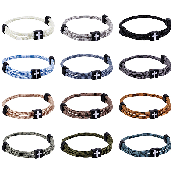 12шт 12 цвета плетеные веревки полиэстер шнур браслеты, спортивные крутые регулируемые браслеты для мужчин и женщин, крестик, с бусинами сплава