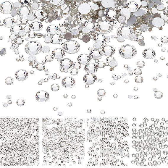 4 Styles Flat Back Glass Rhinestone Cabochons, Back Plated, Half Round, Faceted