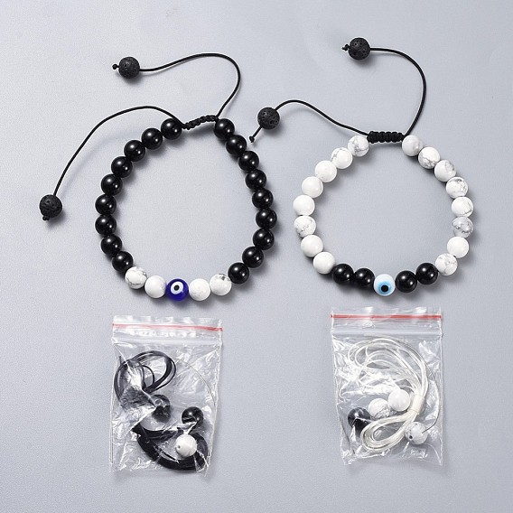Регулируемые браслеты из бисера с нейлоновой нитью, с ручной Lampwork сглаза бисером, бусины из натуральных драгоценных камней и трубчатый резиновый шнур из ПВХ