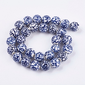 Perles de porcelaine bleue et blanche à la main, ronde avec des fleurs