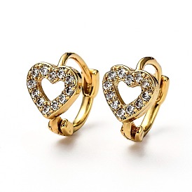 Brass Micro Pave Clear Cubic Zirconia Huggie Hoop Earrings, Ring with Hollow Heart