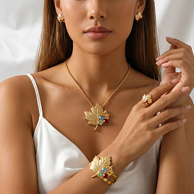 Maple Leaf Alloy Colorful Rhinestone Pendant Necklaces & Stud Earrings & Cuff Bangles & Cuff Rings Sets for Women