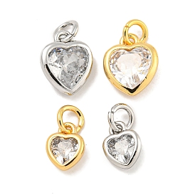 Brass Micro Pave Clear Cubic Zirconia Pendants, Heart, with Jump Ring