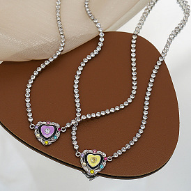 Purple Heart Enamel Necklace with Full Diamond Love Heart Design - Unique and Elegant