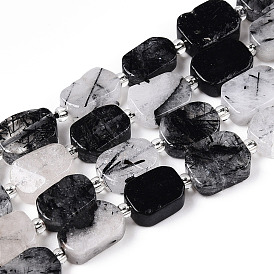 Natural Black Rutilated Quartz Beads Strands, with Seed Beads, Rectangle