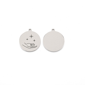 304 Stainless Steel Pendants, Flat Round with Star Pattern