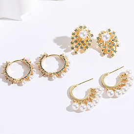 Chic Floral Pearl and Zircon Earrings with Silver Studs for Women