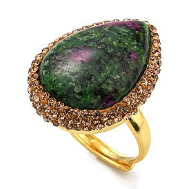 Natural Ruby in Zoisite Teardrop Adjustable Ring with Rhinestone, Brass Ring for Women