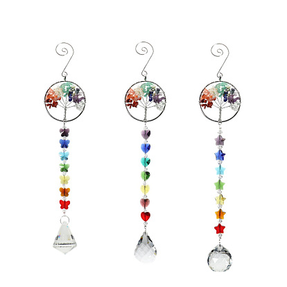 K9 Glass Suncatchers, Natural & Synthetic Mixed Gemstone Tree of Life Hanging Pendant Decoration