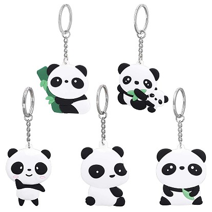 5Pcs 5 Style Silicone Panda Keychain, with Platinum Iron Findings, Panda