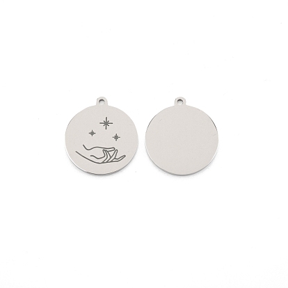 304 Stainless Steel Pendants, Flat Round with Star Pattern